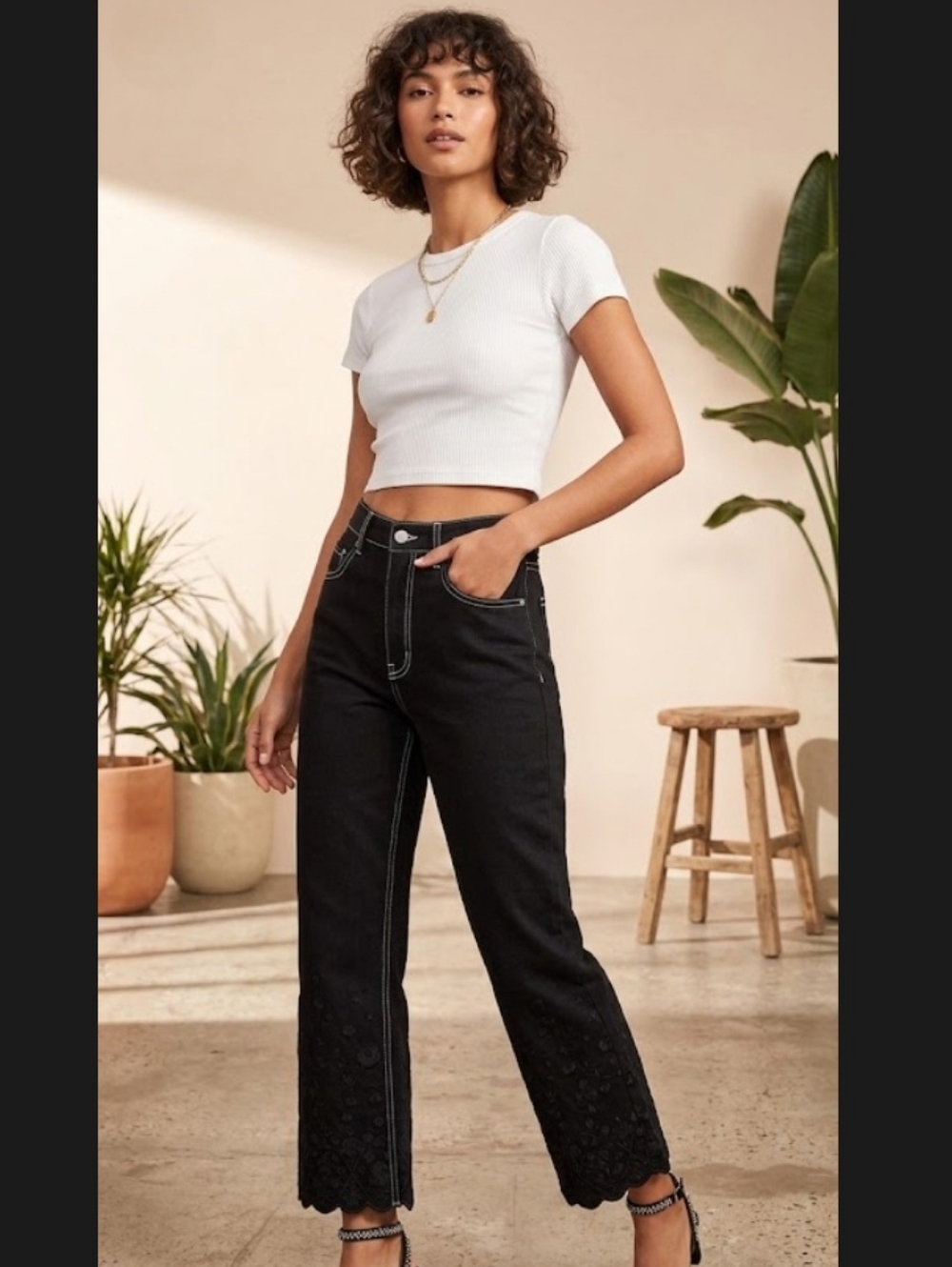 Staud Noemie Embroidered Denim Crop Pant in Black‎ Size 6